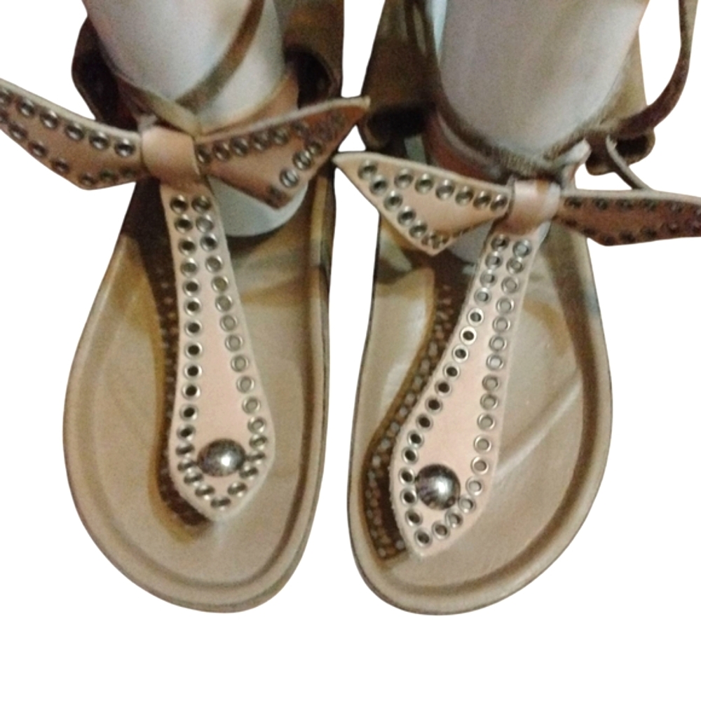 Isabel Marant Tan Leather Lace Up Sandals Size 6 Studded Thongs - Picture 2 of 12